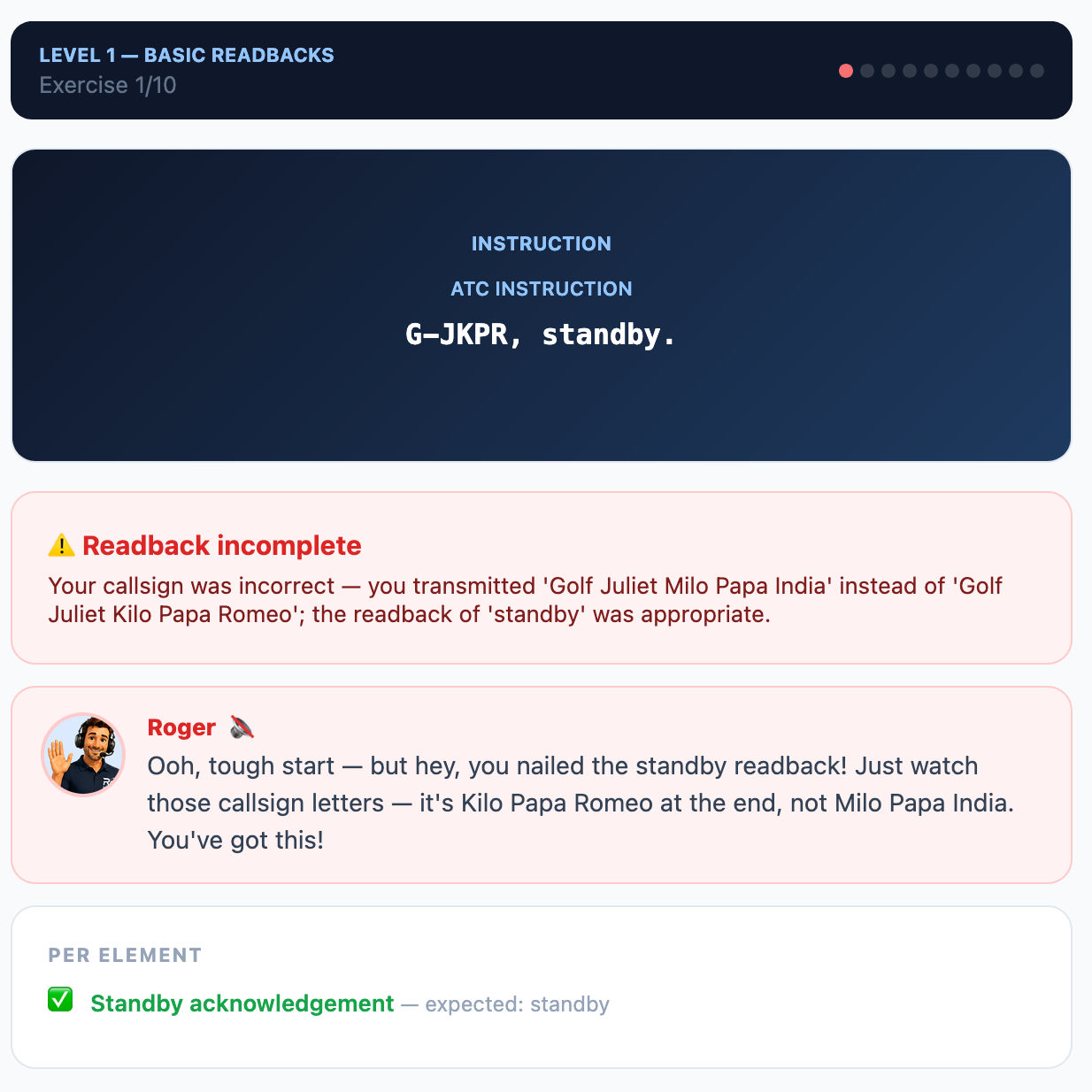 Roger5 AI feedback after a transmission