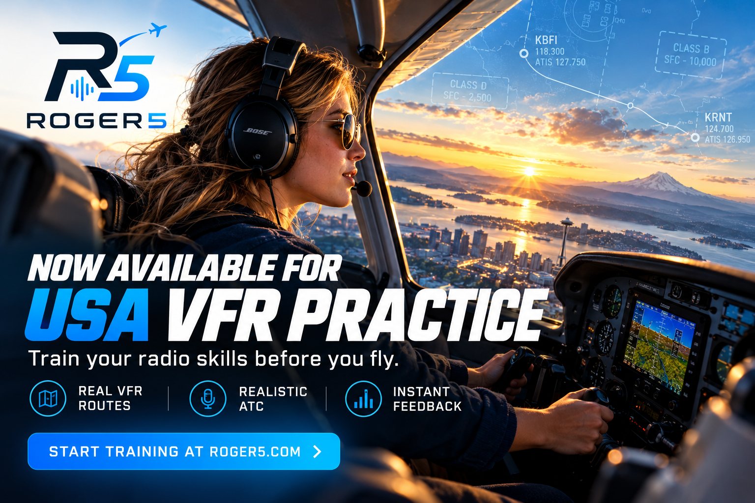 Roger5 — now available for USA VFR practice. A student pilot in a Cessna cockpit above Seattle; real VFR routes, realistic ATC and instant feedback.